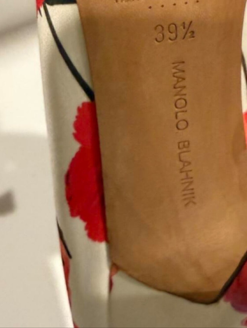 Manolo Blahnik Red and White Floral Satin Crystal Buckle Pumps - Picture 3 of 3